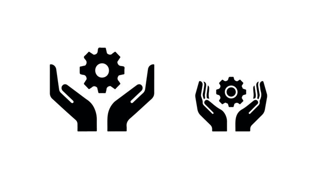 Gear icon in hands black and white vector for settings maintenance and service concept.