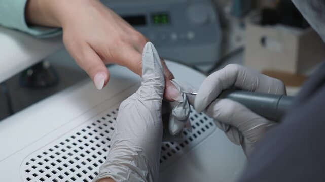 Manicure technician smooths boundary between nail tip and natural nail with drill preparing nails for further polygel extension