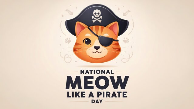 Cute orange cat wearing a black pirate hat and eye patch for national meow like a pirate day