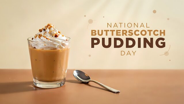 Glass cup of delicious butterscotch pudding with whipped cream and a spoon on a table