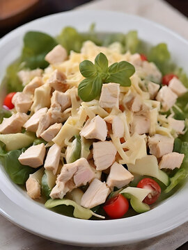 Fresh garden chicken salad with shredded cheese and cherry tomatoes on bed of green lettuce topped with basil sprig served in white bowl for healthy lunch meal.