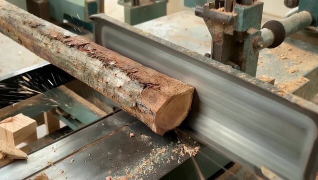 Industrial 4K Ultra HD timber sawmill footage showing a heavy-duty rotary saw blade carving into rugged tree bark generating clouds of wooden dust and woodchips around aged iron machinery