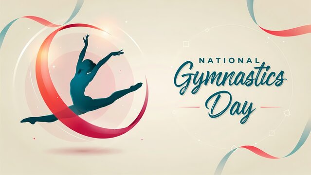National gymnastics day celebration banner with a jumping gymnast silhouette and ribbon art