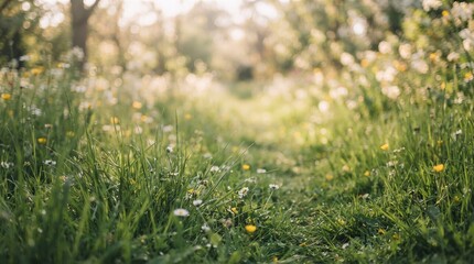 Fototapeta premium Sunny Meadow Path with Green Grass and Small Wildflowers Selective Focus