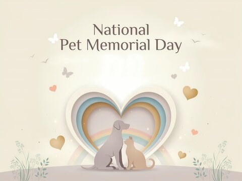 National pet memorial day banner with a heart shape and cute animal illustration