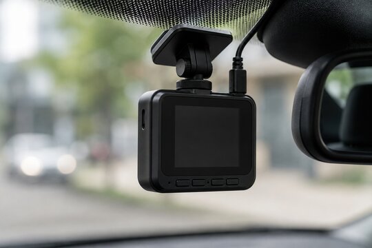 Compact dashboard camera mounted on car windshield for road safety and journey recording
