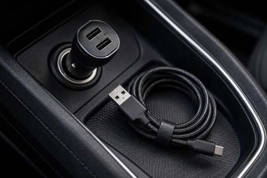 Dual-port USB car charger beside coiled braided USB-C cable in black center console