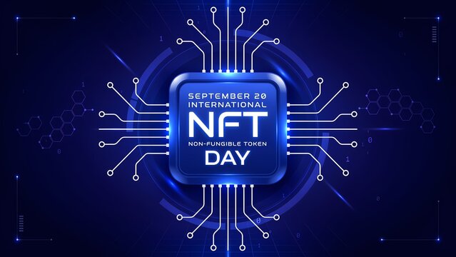 International nft day celebration graphic with blue digital circuit board chip background