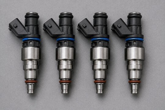 Four automotive fuel injectors precisely aligned in a row against a gray background