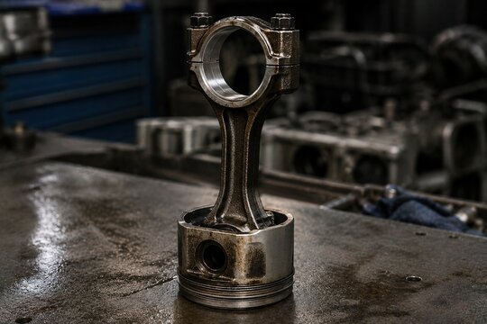 Used automotive engine piston and connecting rod standing on oily workshop bench