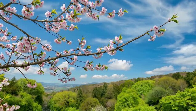 Stunning 4K Ultra HD spring time-lapse capturing swift white clouds racing across a bright blue sky over a vibrant green countryside meadow highlighting a majestic flowering cherry tree in full