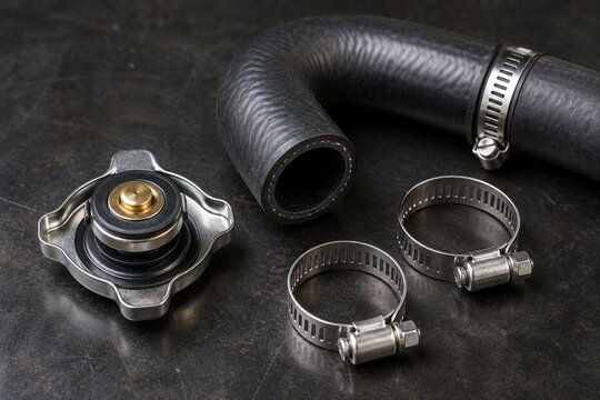 Automotive radiator cap with rubber coolant hose and metal clamps on dark workbench