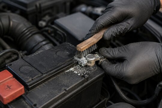 Mechanic cleans corroded car battery terminal with wire brush during routine maintenance