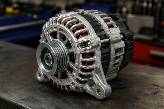 Detailed automotive alternator with exposed copper windings on an industrial workshop bench