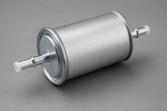 Silver automotive fuel filter with inline connectors isolated on a gray background