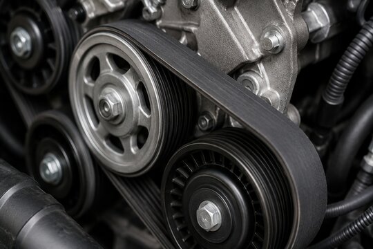 Detailed serpentine belt and pulley assembly inside a modern automotive engine compartment