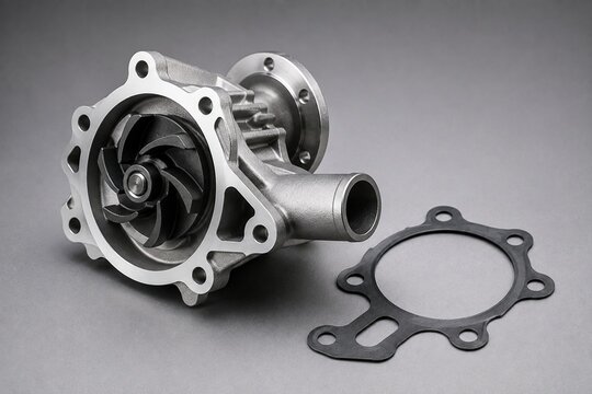 Cast metal automotive water pump with exposed impeller and black gasket on gray surface