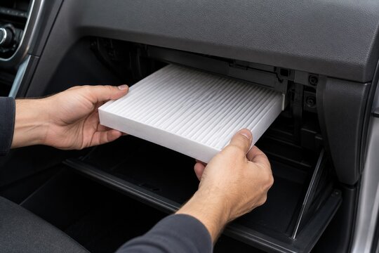 Mechanic replacing pleated cabin air filter behind car glove compartment during routine maintenance