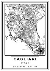 Obraz premium Downtown Street Maps of Cagliari City Italy, Black and White Modern Poster with Location Coordinate and Compass Position, Wall Art Home Decor Ready to Printable