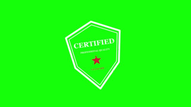 Certified stamp on green screen, static graphic shield with star emblem, quality guarantee badge overlay, keyable green background, commercial certification asset