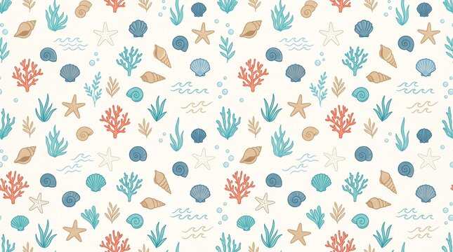 Seamless pattern with hand drawn sea elements like shells corals and starfish on light background.