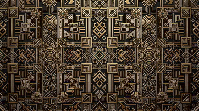 Elegant gold and black art deco geometric pattern with intricate metallic relief details for luxury wallpaper.