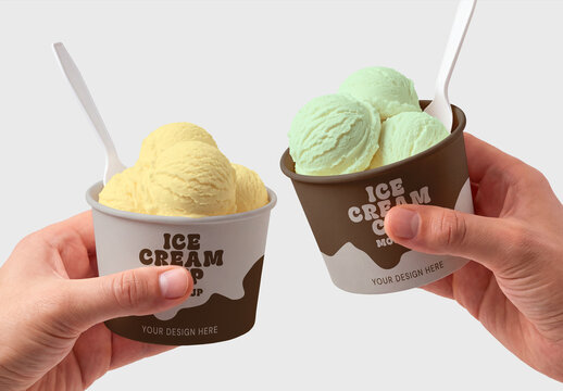 Two Hands Holding Ice Cream Cups Mockup