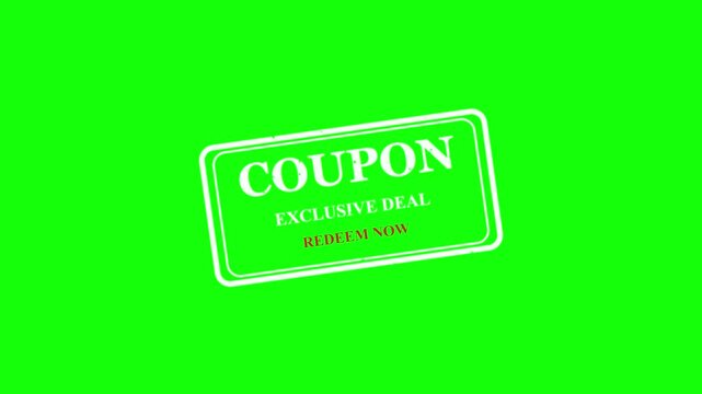 Green screen coupon overlay transition, vintage exclusive deal stamp appearing on chroma key background, isolated digital marketing graphic element for retail promo video