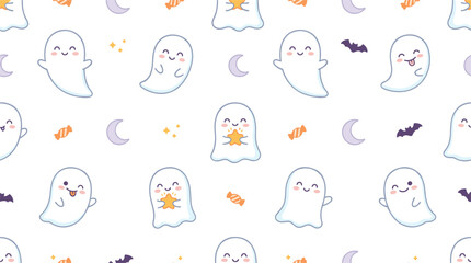Obraz premium Cute Halloween seamless pattern featuring black cats ghosts pumpkins and pumpkin spice latte mugs on a white background
