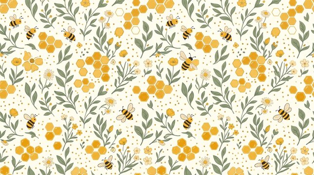Seamless pattern with cute bees honeycombs and wildflowers on a white background.
