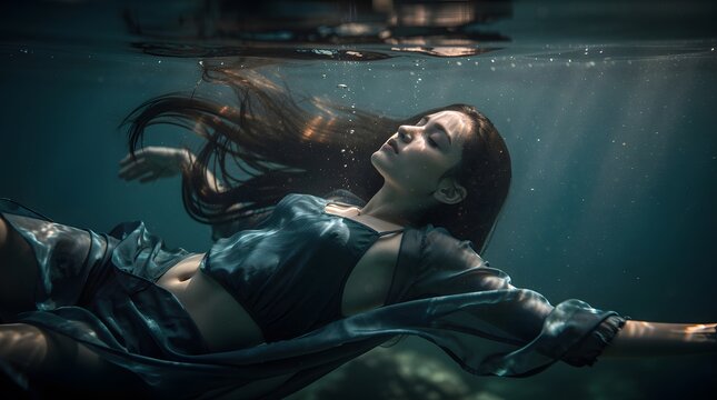 A beautiful young woman floating peacefully underwater in a dark mysterious aquatic environment.
