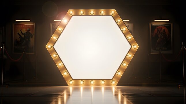 A large hexagonal glowing stage entrance frame with bright light bulbs in a dark room.