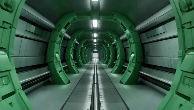 Futuristic 4K Ultra HD motion graphics video traveling down a narrow high-tech corridor framed by vibrant teal columns textured grey ceiling tiles and polished industrial floor panels