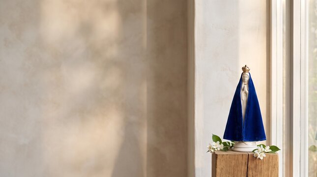 White statue of the Virgin Mary with a blue mantle on a wooden pedestal with large copy space