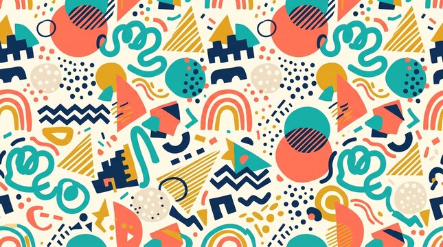 Seamless pattern with colorful abstract geometric shapes and hand drawn doodles.