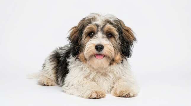 Portrait of a cute fluffy tricolor Havanese puppy lying down on a white background looking at the camera