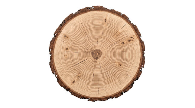 Round Wood Slice Cross Section with Tree Growth Rings Isolated on Transparent Background