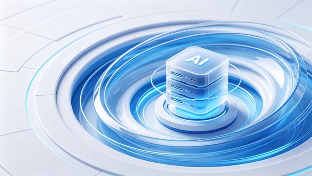 Futuristic AI server stack surrounded by luminous blue glass rings, idea for artificial intelligence, cloud computing, machine learning, data processing and digital infrastructure