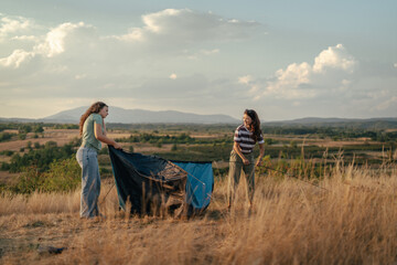 Fototapeta premium Friends setting up tent during camping adventure
