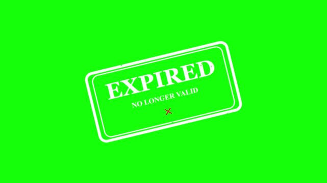 Expired no longer valid stamp animation, white ink stamp on chroma key green screen, animated office stamp for transition, business overlay template