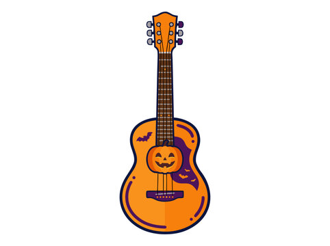 Halloween acoustic guitar vector illustration with jack o lantern and flying bats
