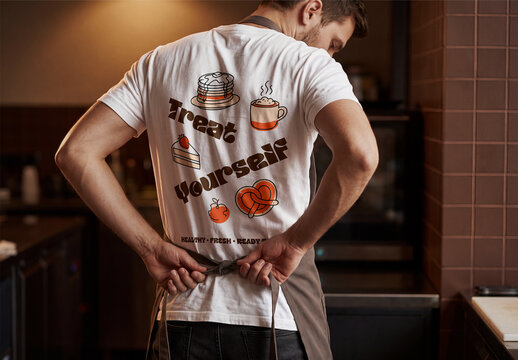 Back View White T-Shirt Mockup, Man Wearing Apron in Coffee Shop