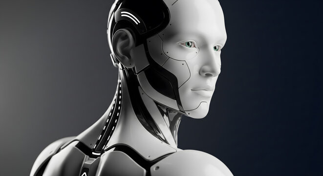A detailed 3D illustration of a humanoid robot head and shoulders turning to look back.