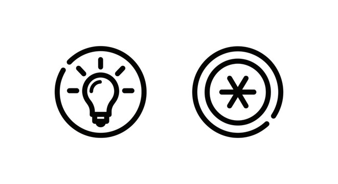 Minimalist black and white vector line art icons depicting a glowing light bulb node and an asterisk token mark with abstract minimalist asterisk innovation technology connection