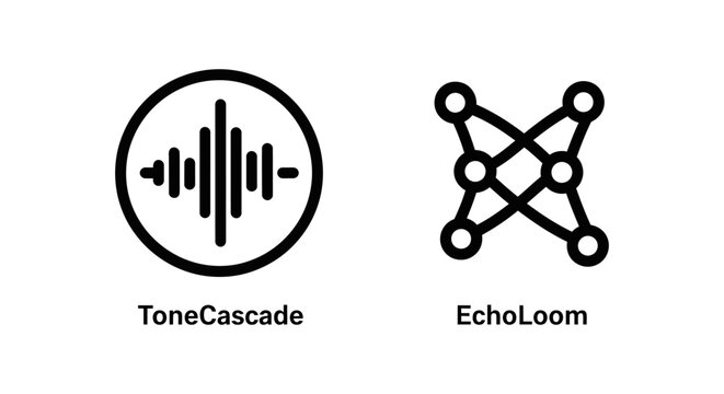 Black line vector icons showing a sound tone cascade waveform and an interconnected echo loom network with waveform minimalist interface internet communication connection application