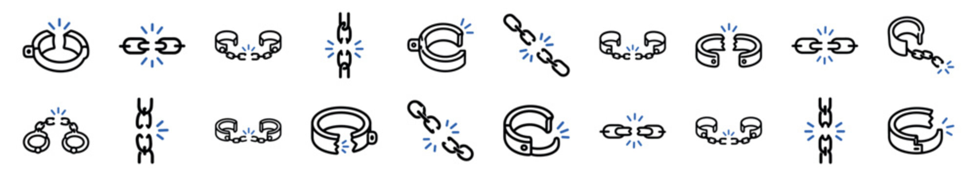 Set of broken chain and shackle icons in a minimalist black line art style with blue accents, symbolizing freedom, liberation, independence, and breaking bonds