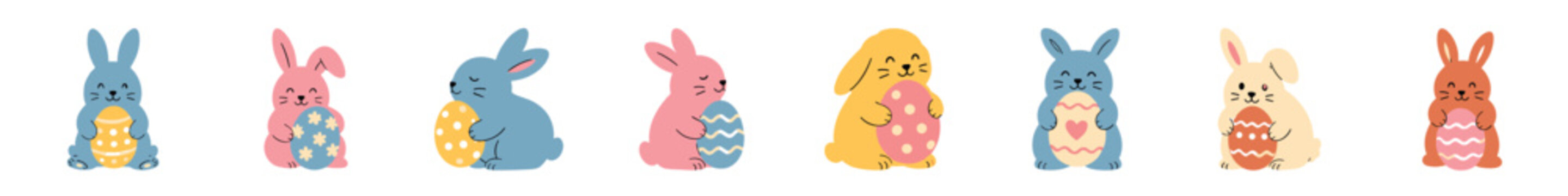 Colorful collection of cute cartoon bunnies holding decorated Easter eggs, a charming set of happy rabbit characters with various expressions for the spring holiday