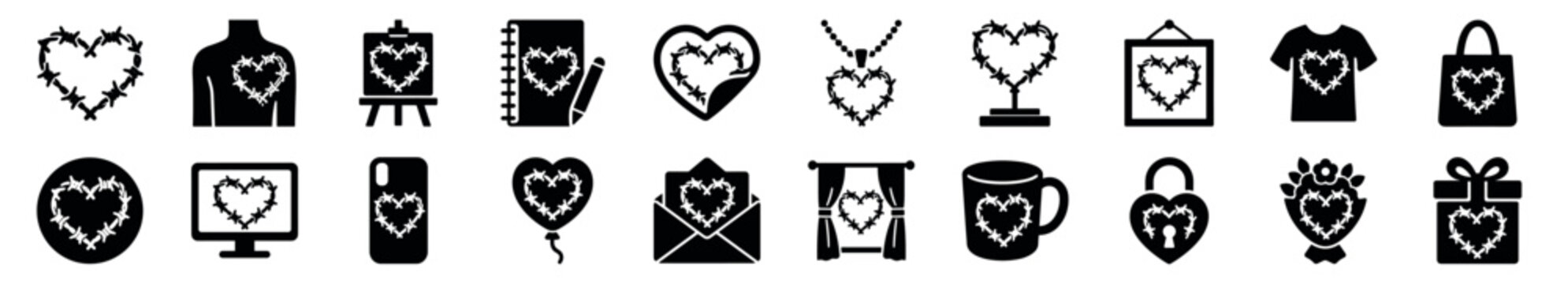 Set of black glyph icons featuring a barbed wire heart symbol on various objects like a t-shirt, gift, and padlock, representing painful love, heartbreak, and protection
