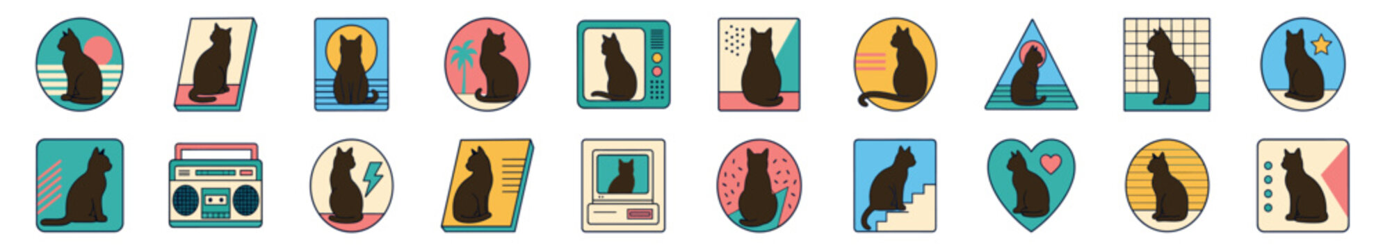 Set of retro 80s and 90s sticker illustrations featuring black cat silhouettes inside colorful geometric shapes, sunsets, and vintage technology like TVs and computers