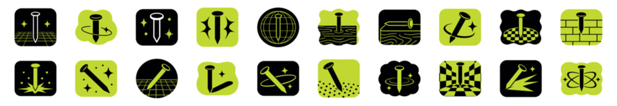 Set of graphic nail hardware icons in a minimalist style showing various applications like construction, carpentry, and durability concepts in a bold black and green color scheme